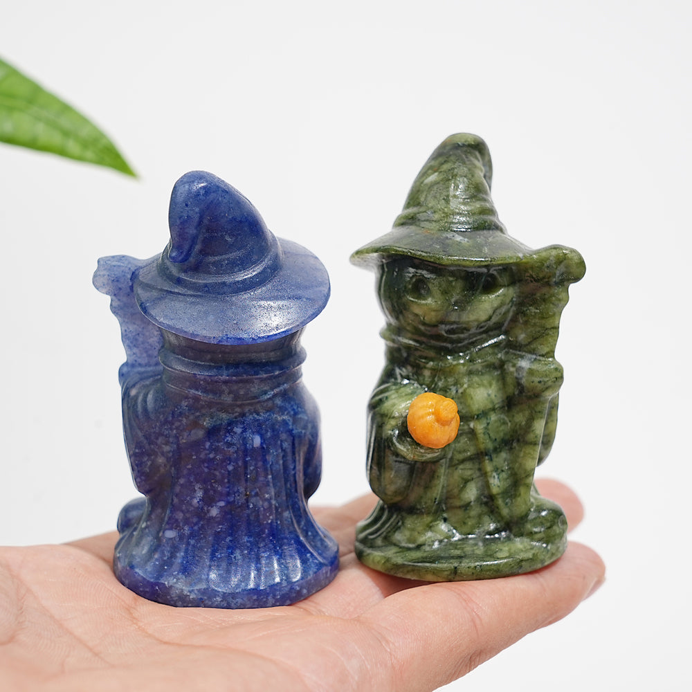 Natural Crystal Hat-Wearing Pumpkin Ghost Wizard Carving