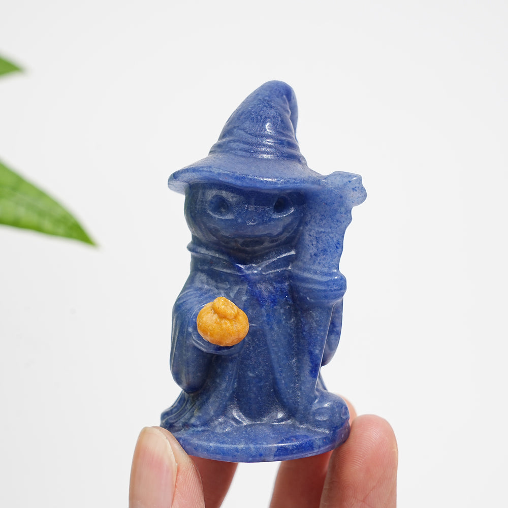 Natural Crystal Hat-Wearing Pumpkin Ghost Wizard Carving