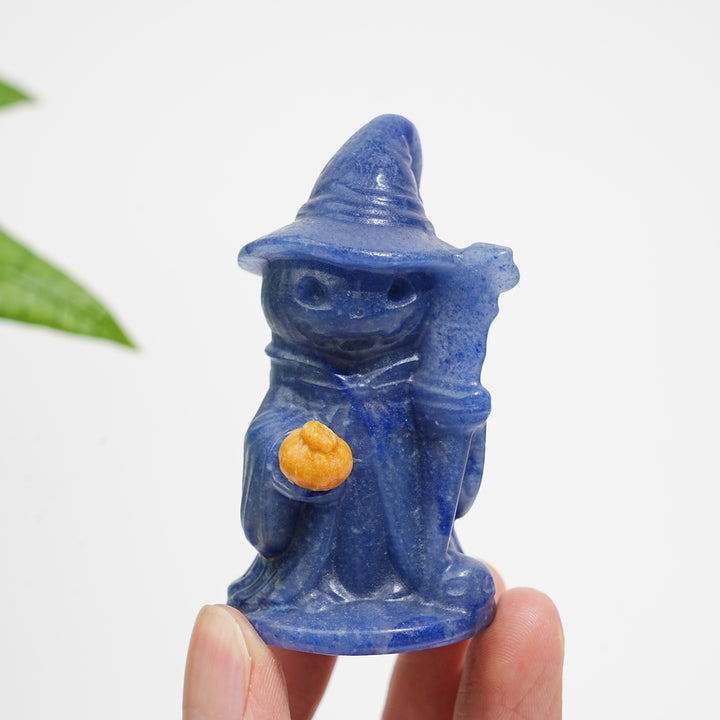 Natural Crystal Hat-Wearing Pumpkin Ghost Wizard Carving