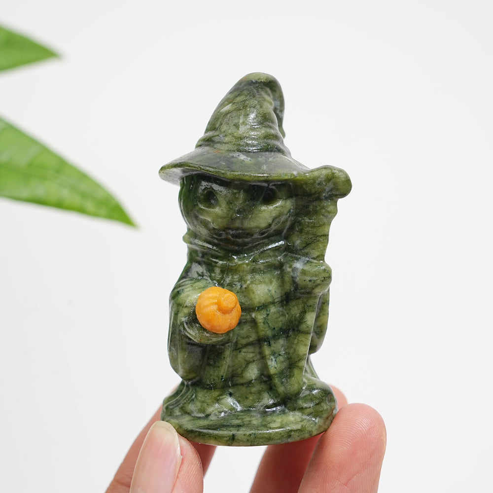 Natural Crystal Hat-Wearing Pumpkin Ghost Wizard Carving