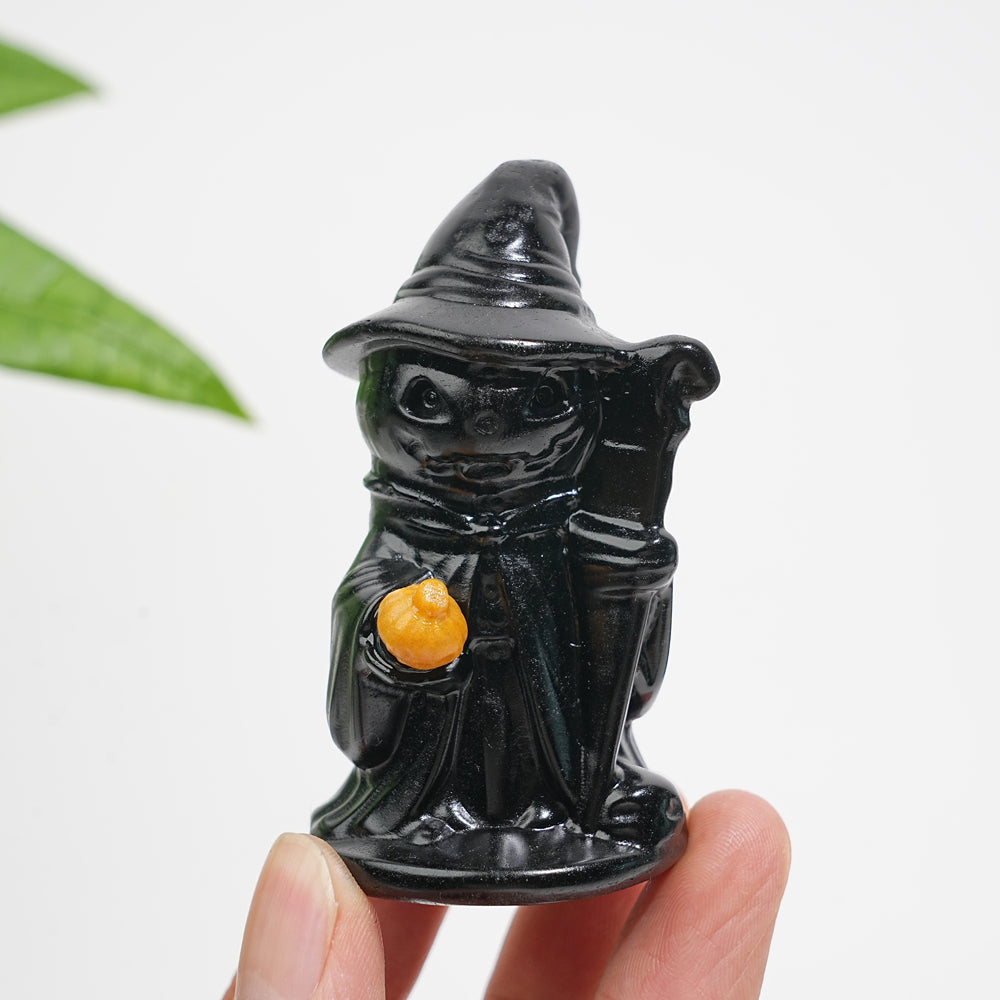 Natural Crystal Hat-Wearing Pumpkin Ghost Wizard Carving