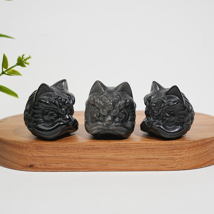 Natural Crystal Silver Obsidian Lion Dance Head