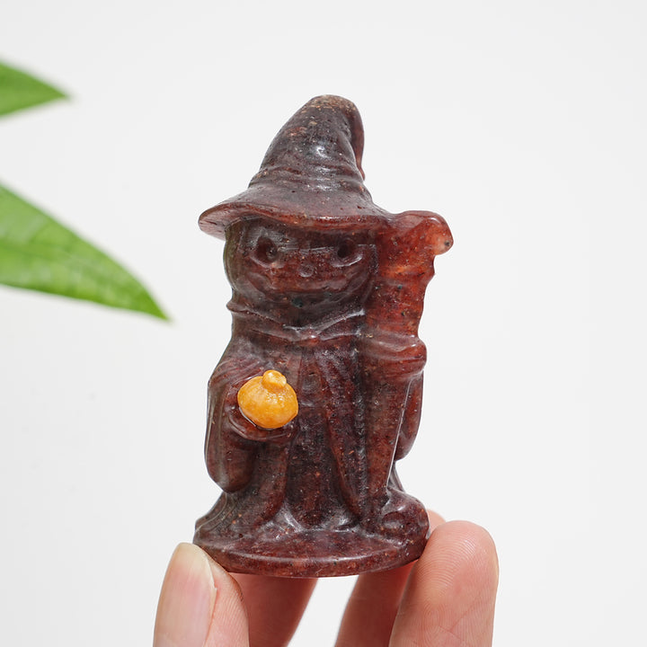 Natural Crystal Hat-Wearing Pumpkin Ghost Wizard Carving