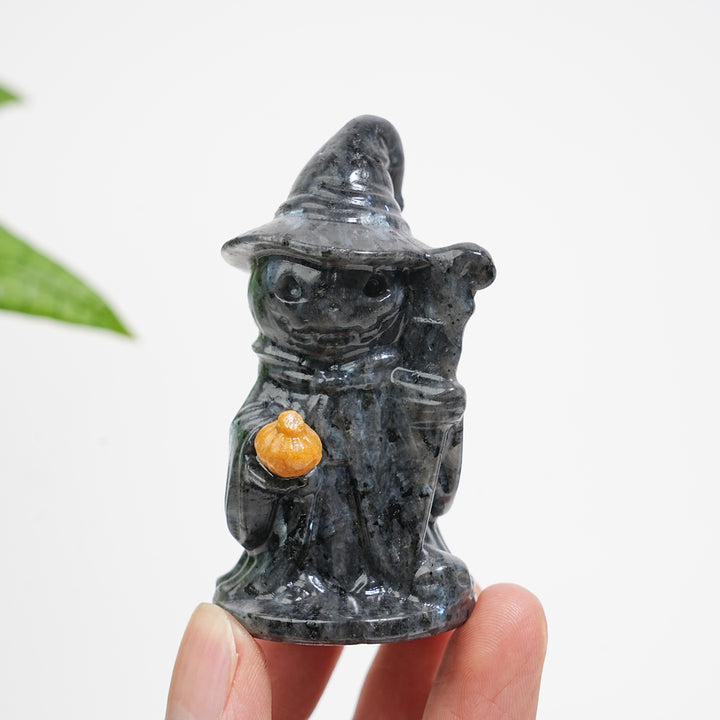 Natural Crystal Hat-Wearing Pumpkin Ghost Wizard Carving