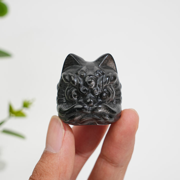 Natural Crystal Silver Obsidian Lion Dance Head