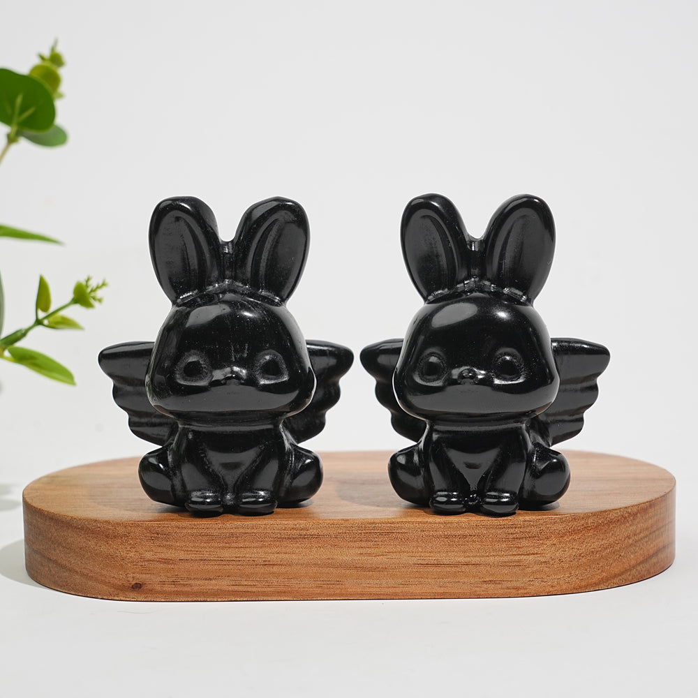Natural Crystal Carving Black Obsidian Angel Bunny