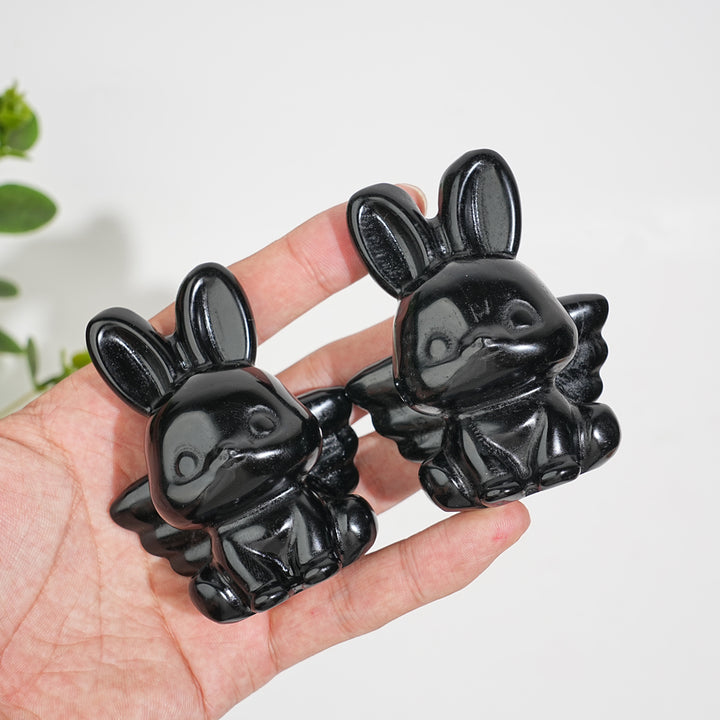 Natural Crystal Carving Black Obsidian Angel Bunny