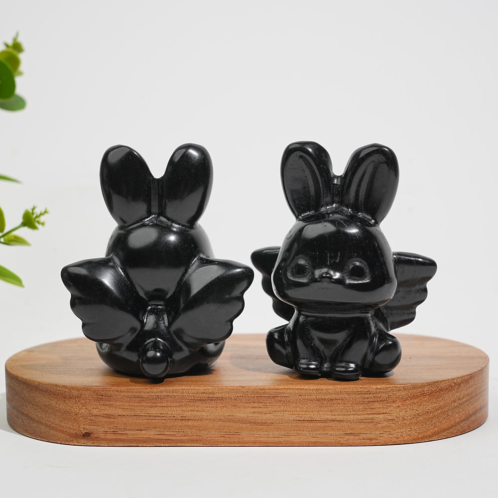 Natural Crystal Carving Black Obsidian Angel Bunny