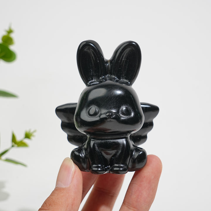 Natural Crystal Carving Black Obsidian Angel Bunny