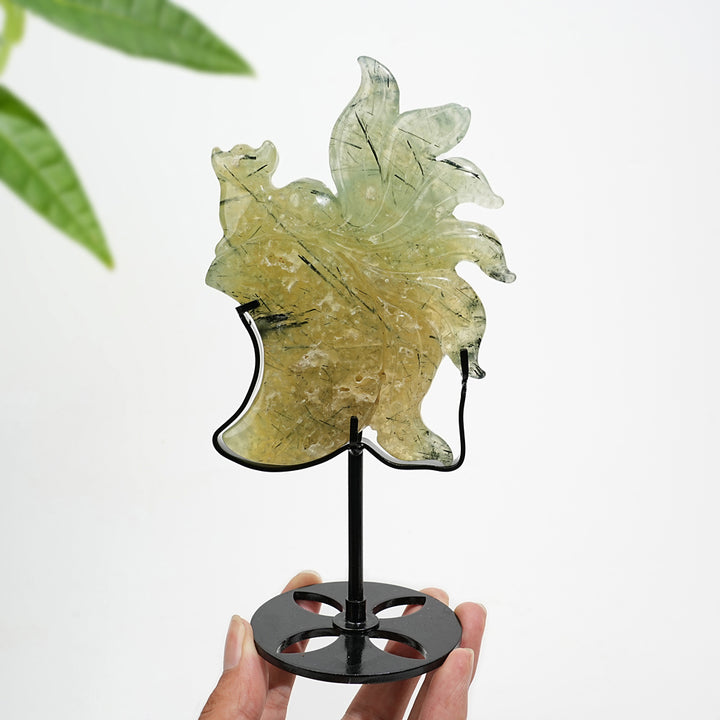 Unique,A Slightly Imperfect Natural Crystal Prehnite Nine Tailed Fox Carving With Stand