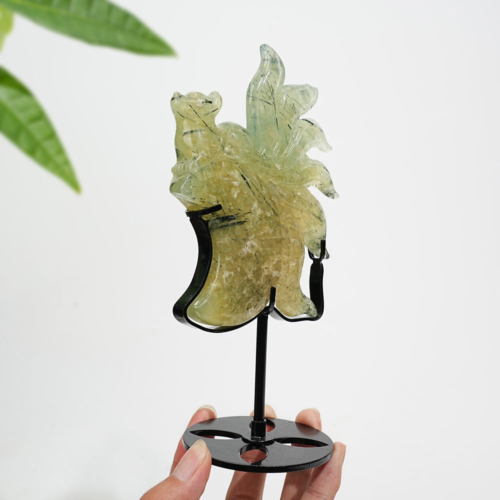 Unique,A Slightly Imperfect Natural Crystal Prehnite Nine Tailed Fox Carving With Stand