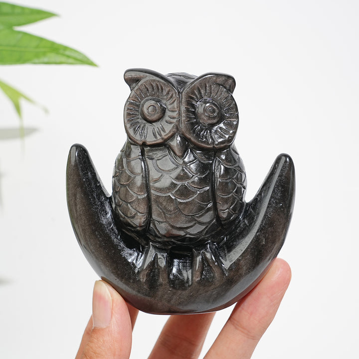 Unique,Natural Crystal Silver Obsidian Cute Moon Owl Carving