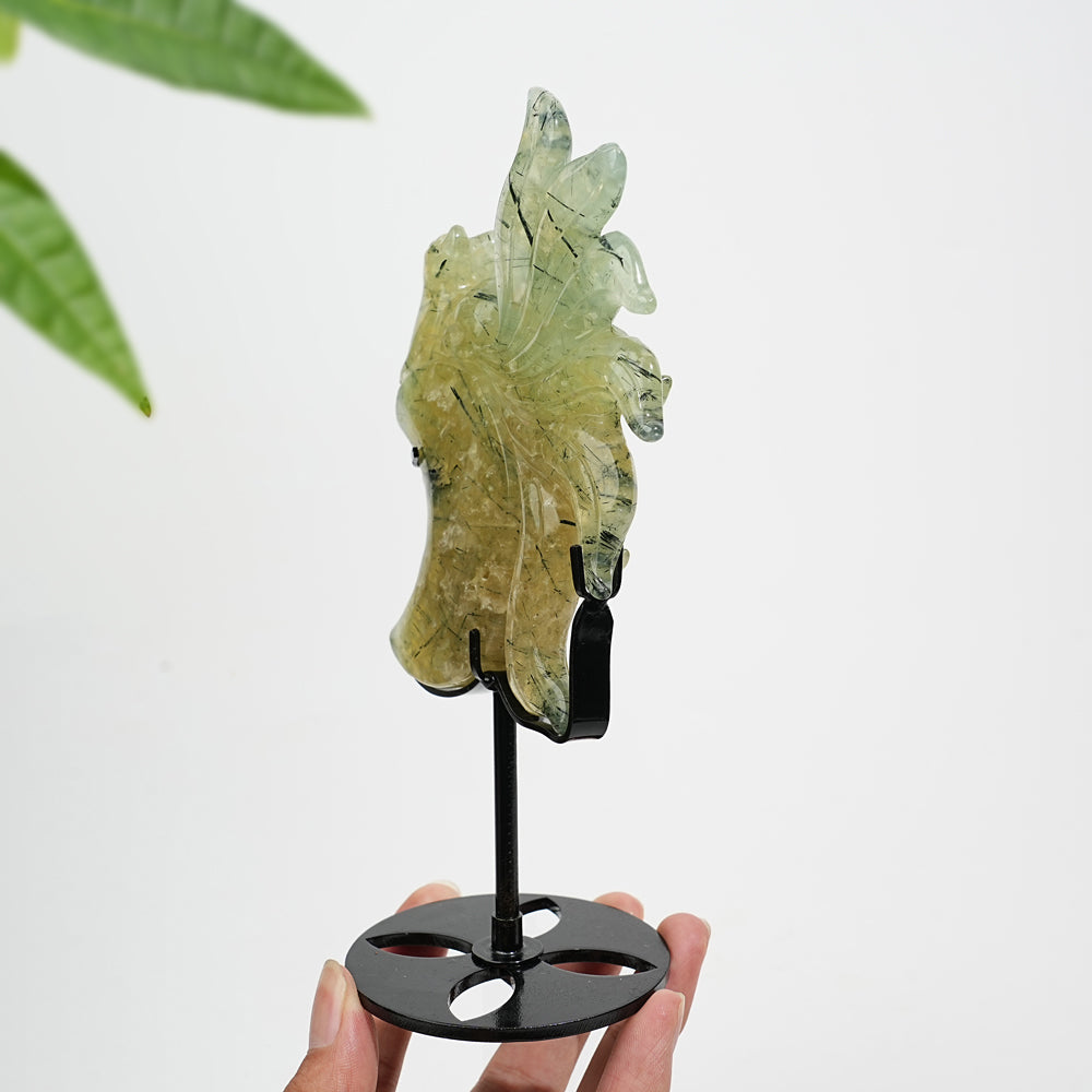 Unique,A Slightly Imperfect Natural Crystal Prehnite Nine Tailed Fox Carving With Stand