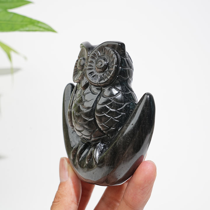 Unique,Natural Crystal Silver Obsidian Cute Moon Owl Carving