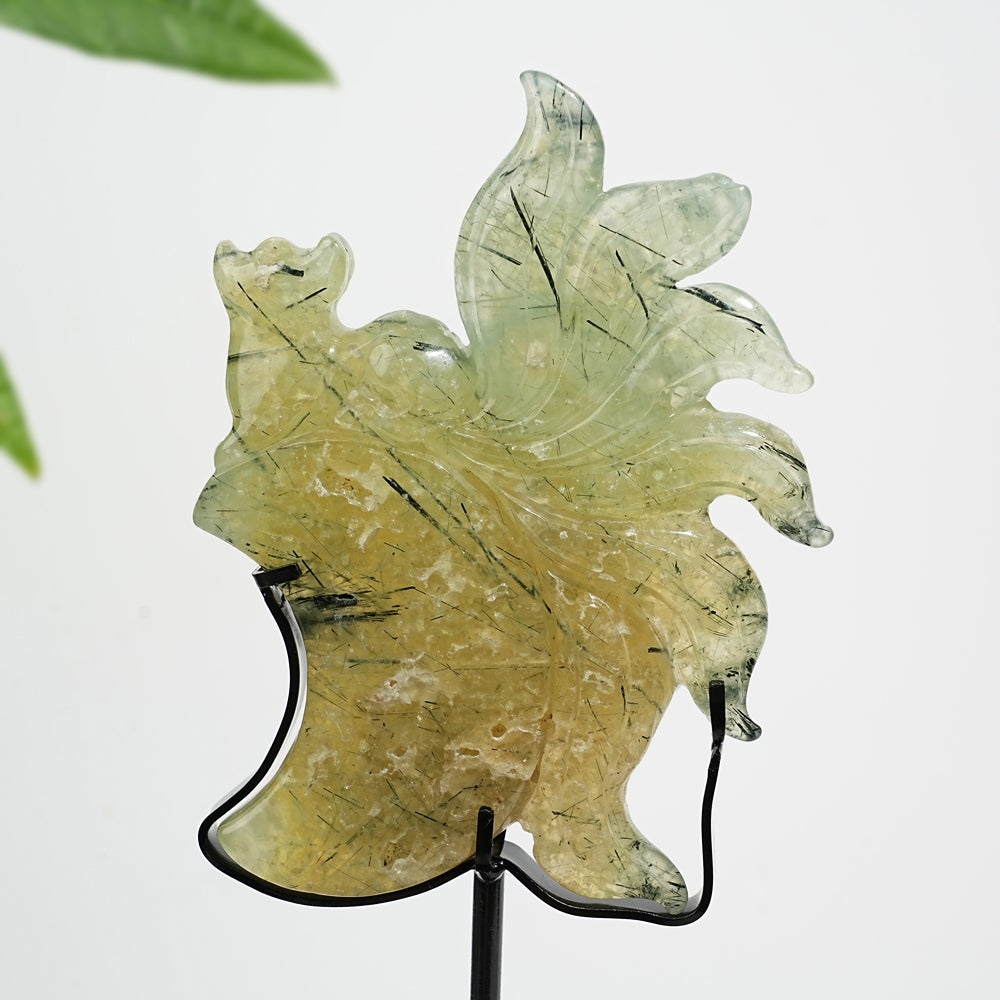 Unique,A Slightly Imperfect Natural Crystal Prehnite Nine Tailed Fox Carving With Stand