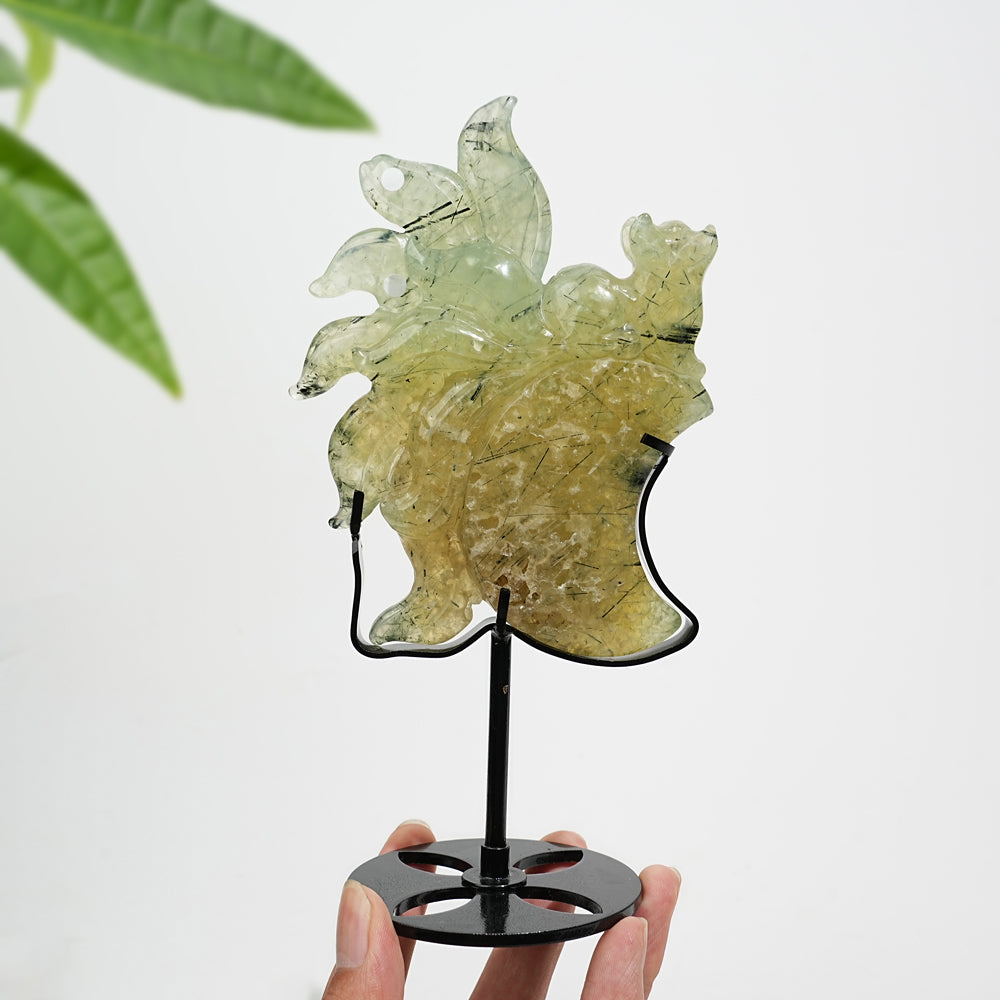 Unique,A Slightly Imperfect Natural Crystal Prehnite Nine Tailed Fox Carving With Stand