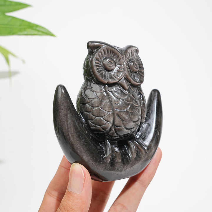 Unique,Natural Crystal Silver Obsidian Cute Moon Owl Carving