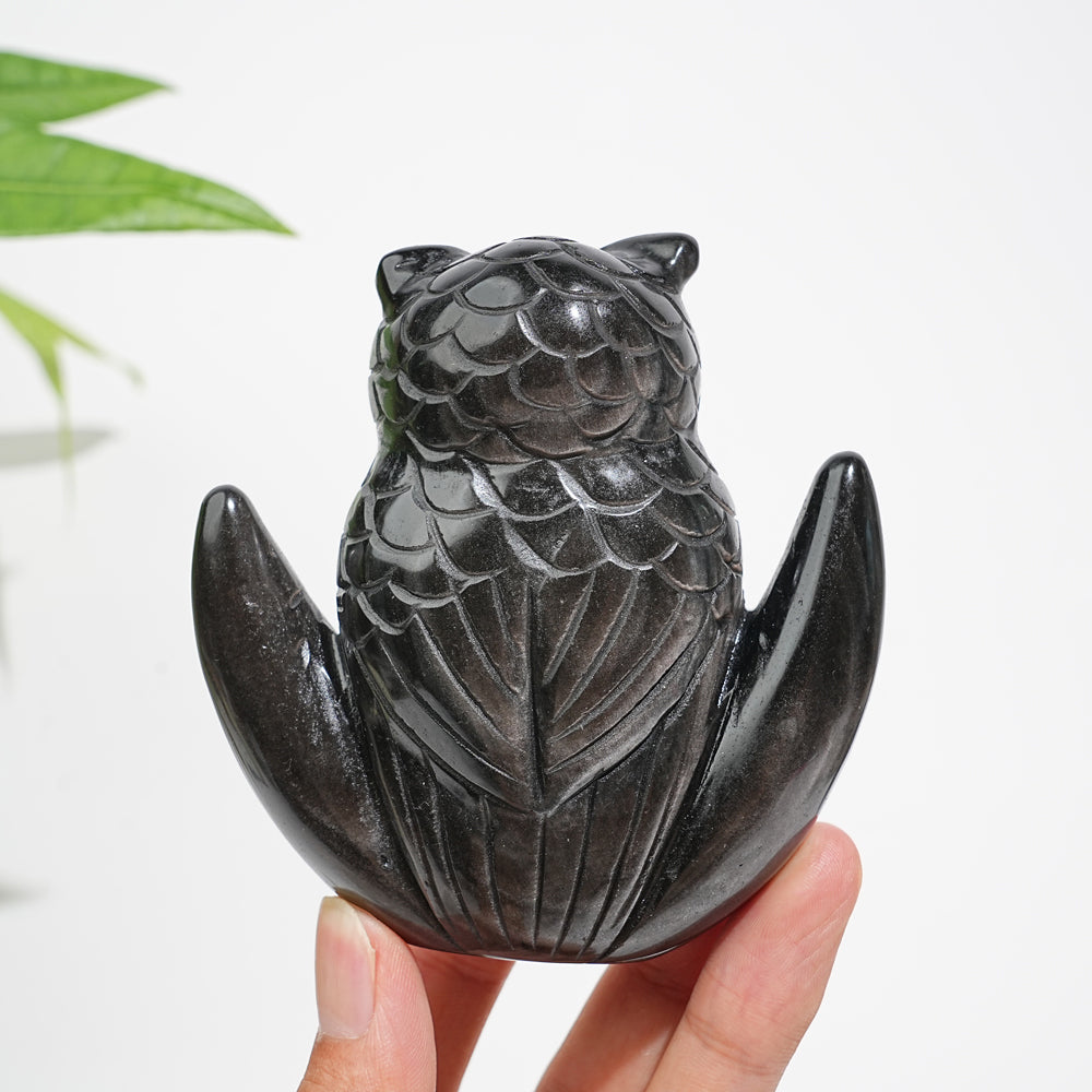 Unique,Natural Crystal Silver Obsidian Cute Moon Owl Carving
