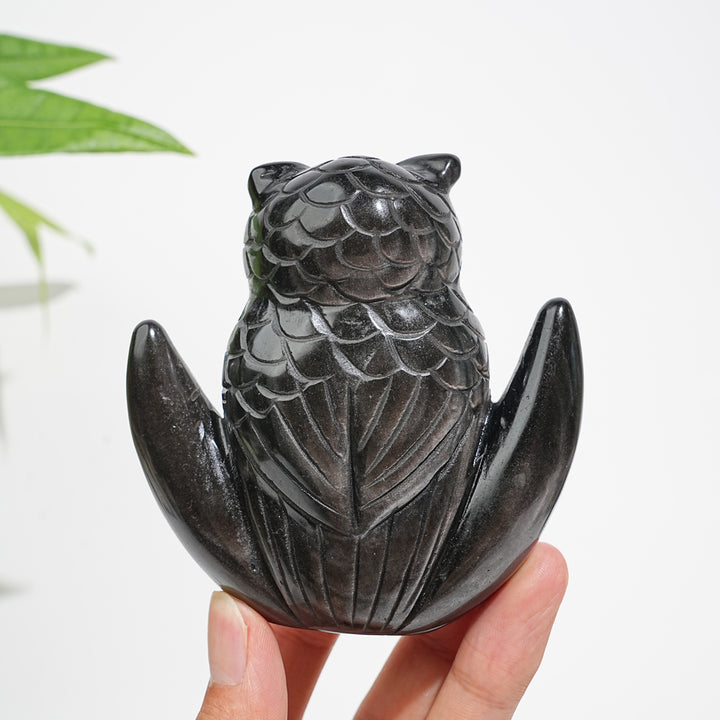 Unique,Natural Crystal Silver Obsidian Cute Moon Owl Carving