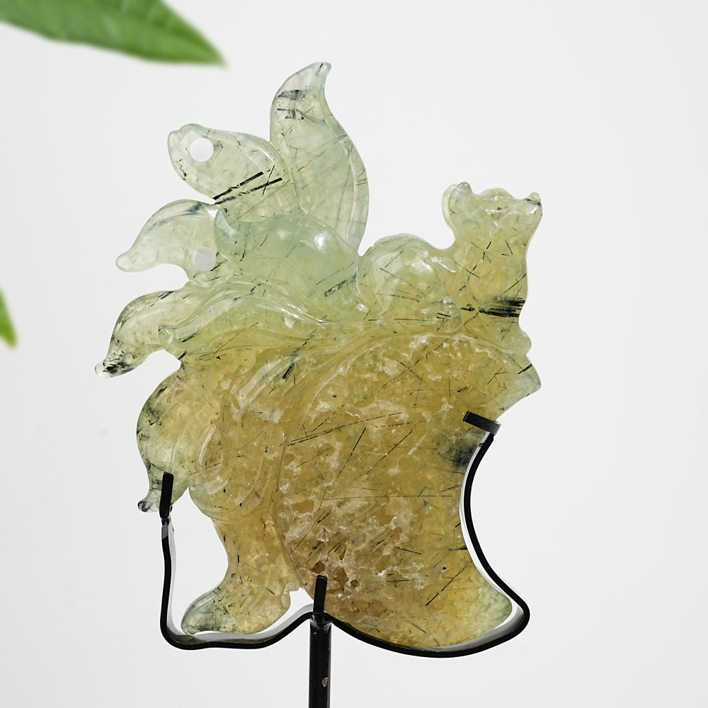 Unique,A Slightly Imperfect Natural Crystal Prehnite Nine Tailed Fox Carving With Stand