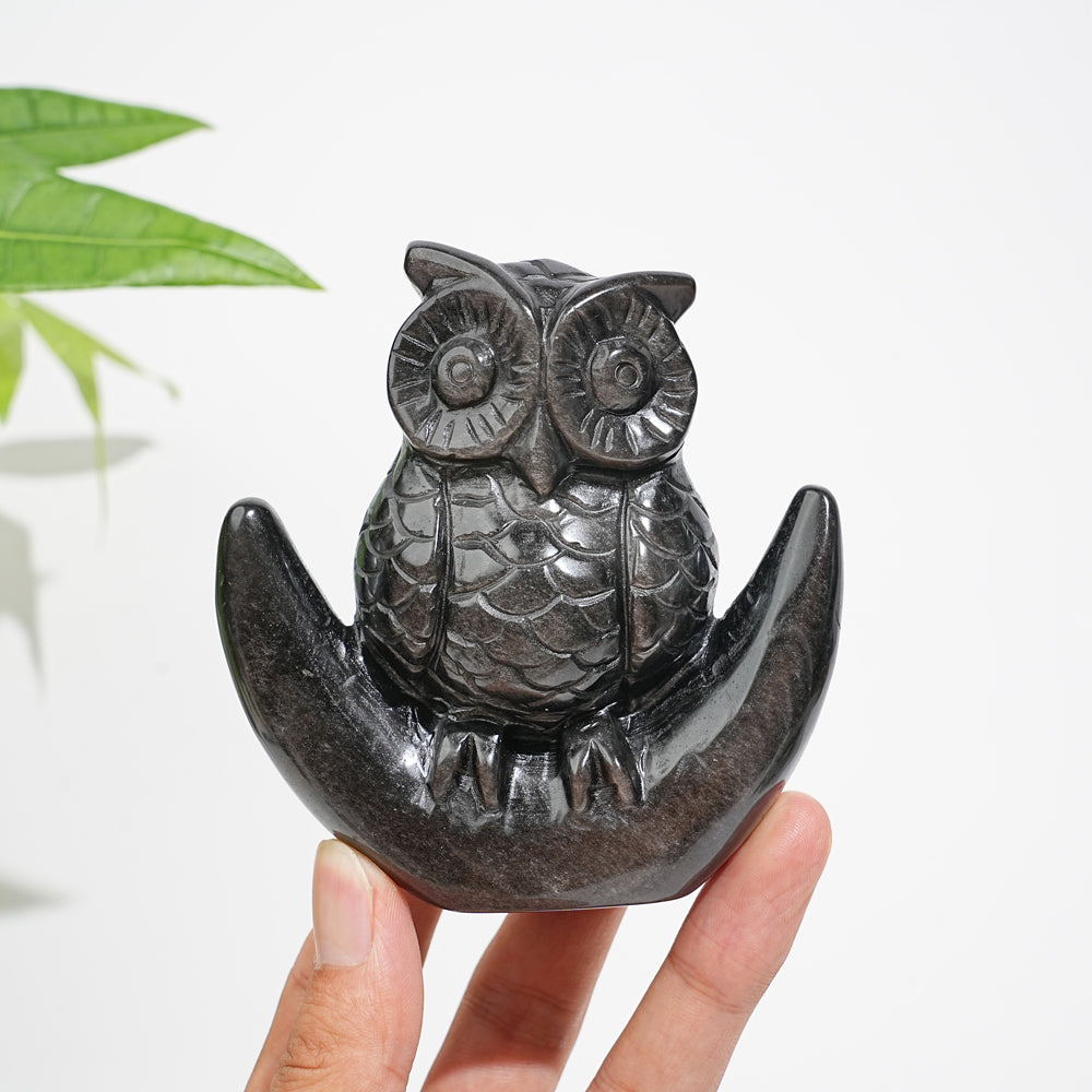 Unique,Natural Crystal Silver Obsidian Cute Moon Owl Carving