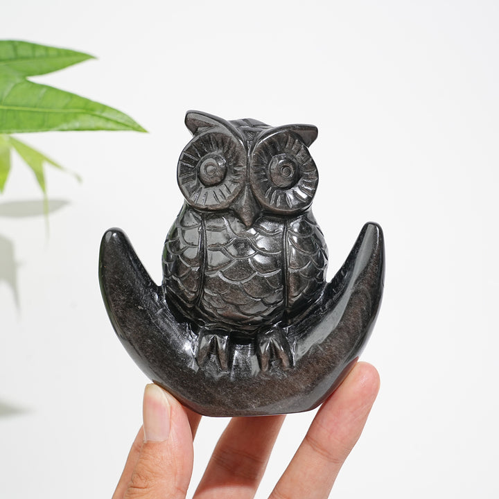 Unique,Natural Crystal Silver Obsidian Cute Moon Owl Carving