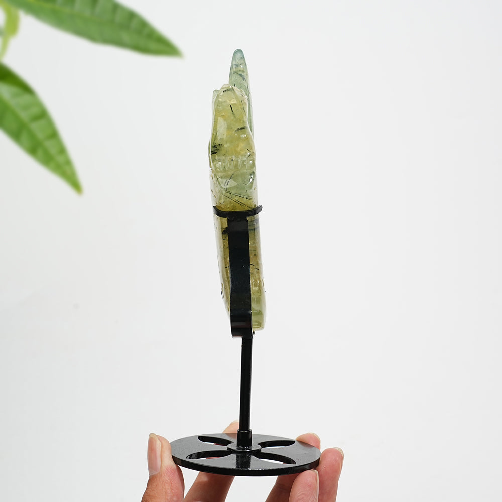 Unique,A Slightly Imperfect Natural Crystal Prehnite Nine Tailed Fox Carving With Stand