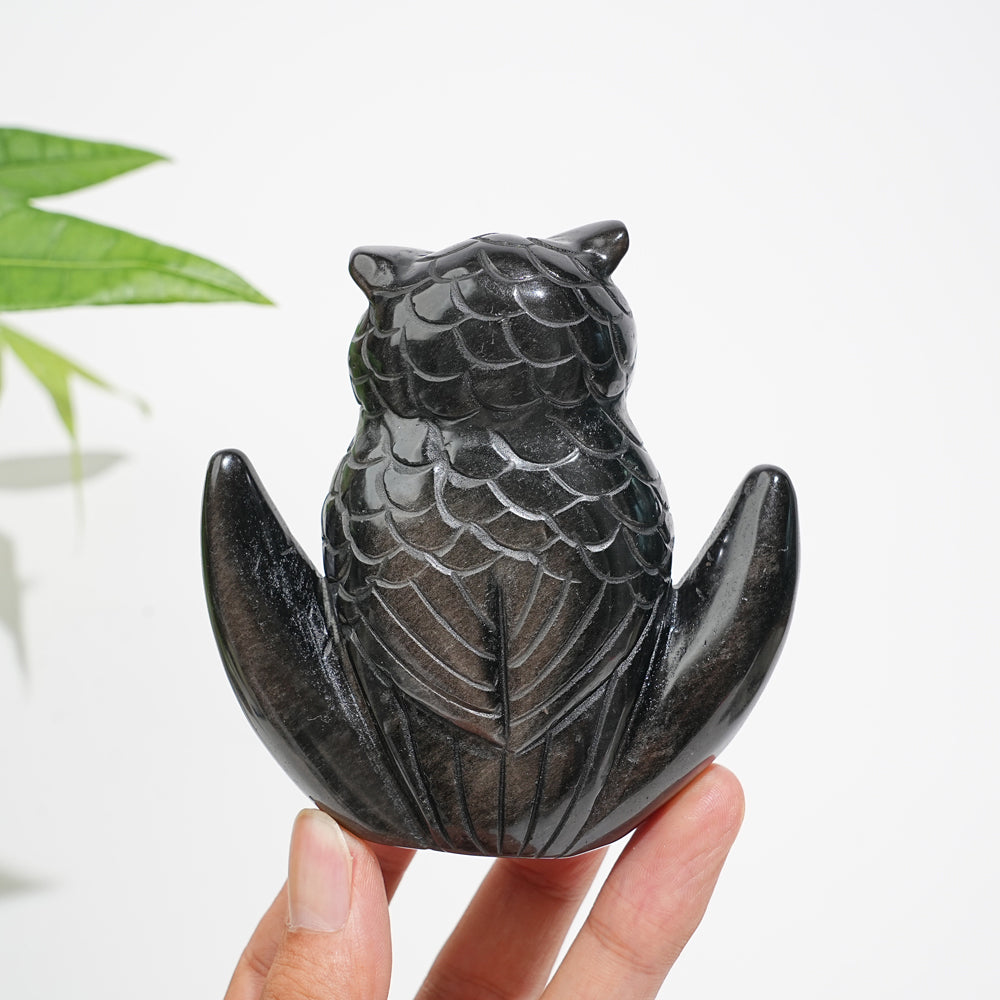 Unique,Natural Crystal Silver Obsidian Cute Moon Owl Carving