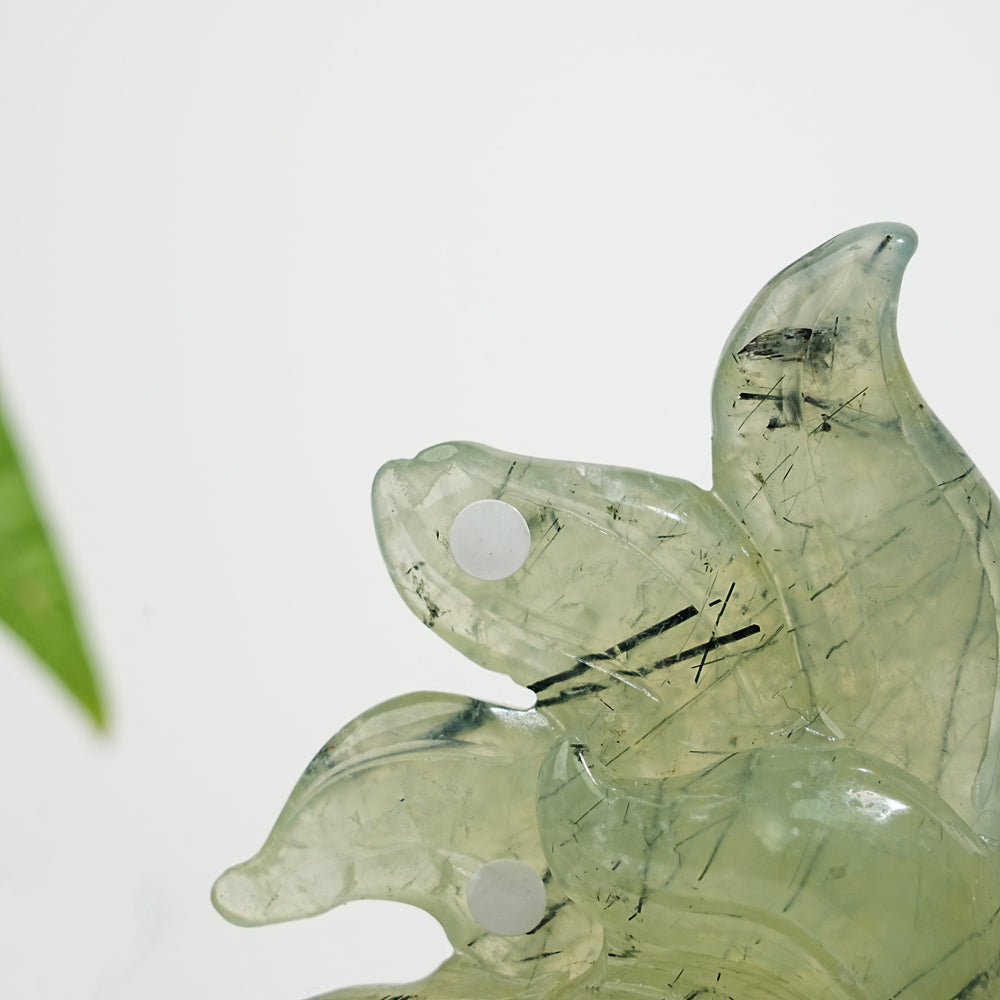 Unique,A Slightly Imperfect Natural Crystal Prehnite Nine Tailed Fox Carving With Stand