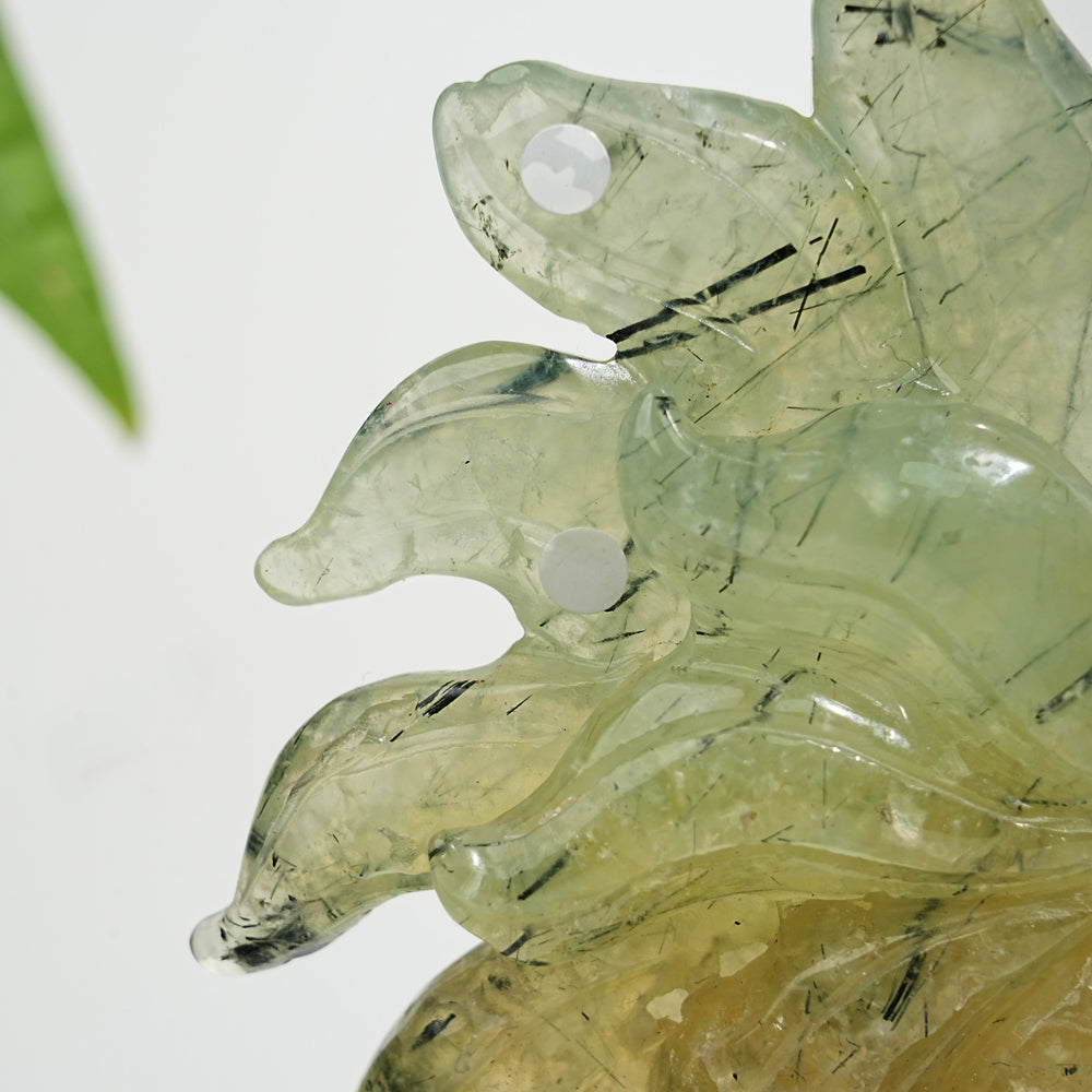 Unique,A Slightly Imperfect Natural Crystal Prehnite Nine Tailed Fox Carving With Stand