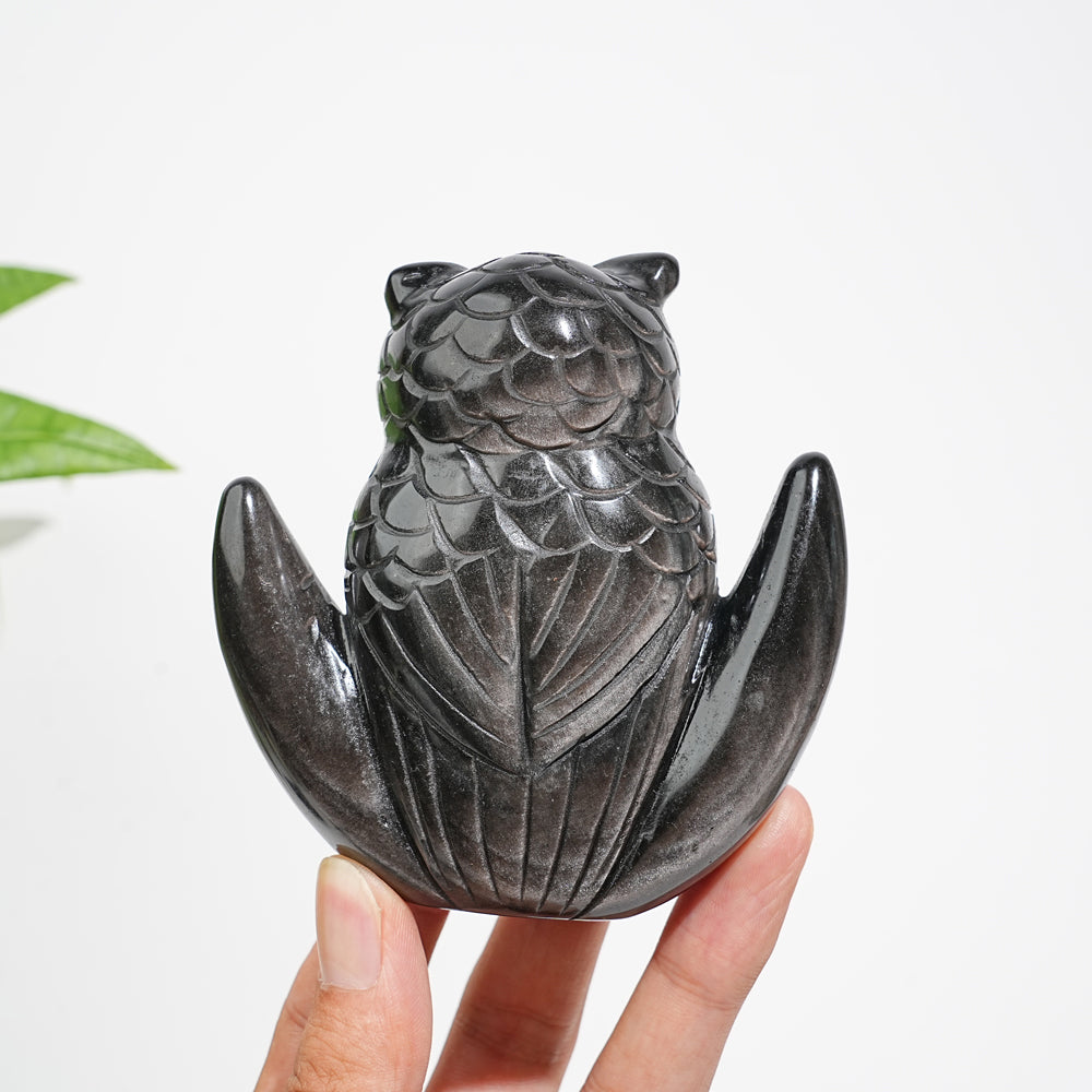 Unique,Natural Crystal Silver Obsidian Cute Moon Owl Carving