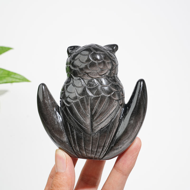 Unique,Natural Crystal Silver Obsidian Cute Moon Owl Carving