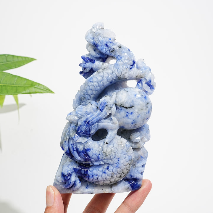 Unique,A Slightly Imperfect Natural Blue And White Porcelain Sodalite Chinese Dragon Carving