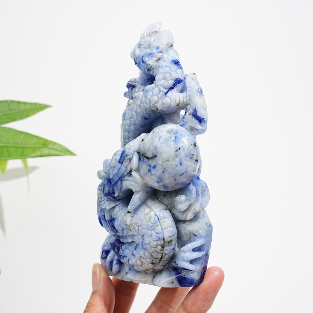 Unique,A Slightly Imperfect Natural Blue And White Porcelain Sodalite Chinese Dragon Carving