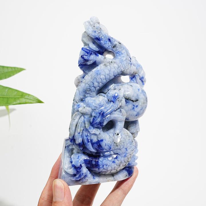 Unique,A Slightly Imperfect Natural Blue And White Porcelain Sodalite Chinese Dragon Carving