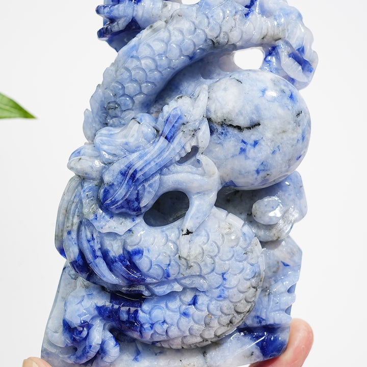 Unique,A Slightly Imperfect Natural Blue And White Porcelain Sodalite Chinese Dragon Carving