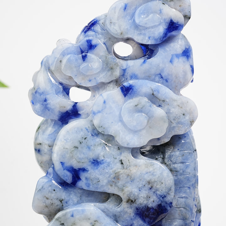 Unique,A Slightly Imperfect Natural Blue And White Porcelain Sodalite Chinese Dragon Carving