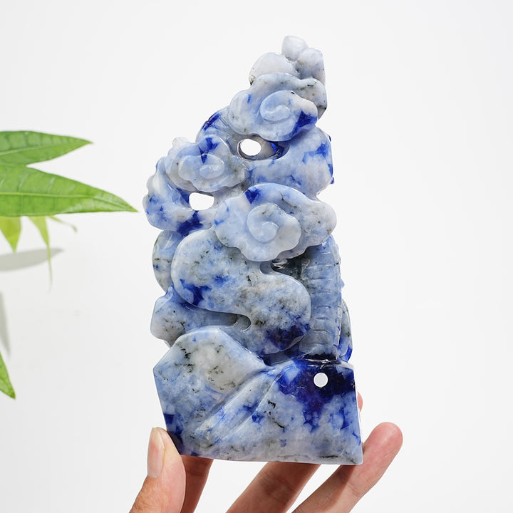 Unique,A Slightly Imperfect Natural Blue And White Porcelain Sodalite Chinese Dragon Carving