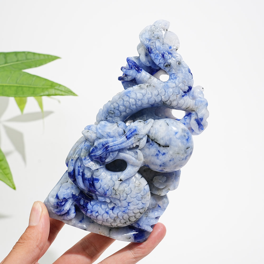 Unique,A Slightly Imperfect Natural Blue And White Porcelain Sodalite Chinese Dragon Carving