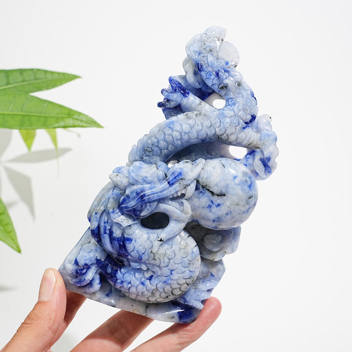 Unique,A Slightly Imperfect Natural Blue And White Porcelain Sodalite Chinese Dragon Carving