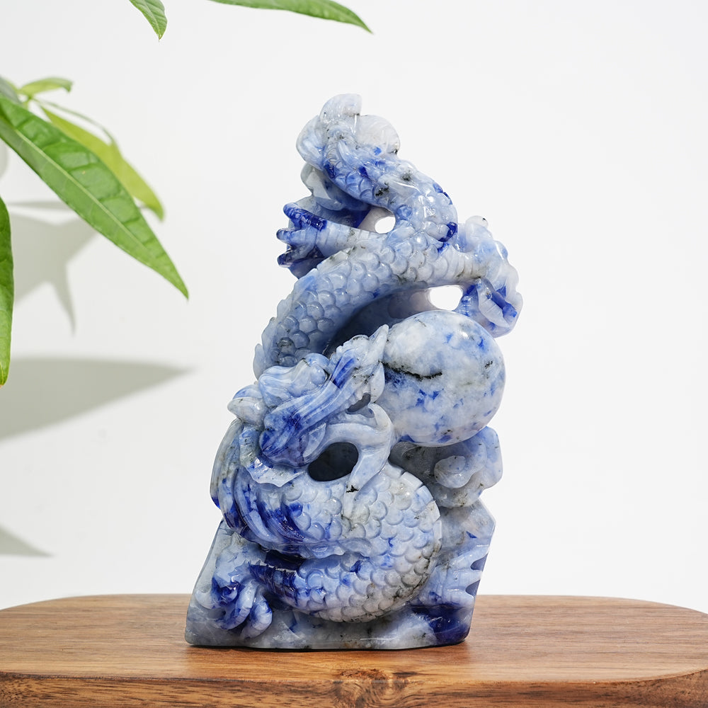 Unique,A Slightly Imperfect Natural Blue And White Porcelain Sodalite Chinese Dragon Carving