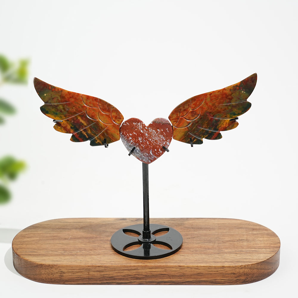 Unique,A Slightly Imperfect Natural Crystal Ocean Jasper Heart Butterfly Wings With Stand