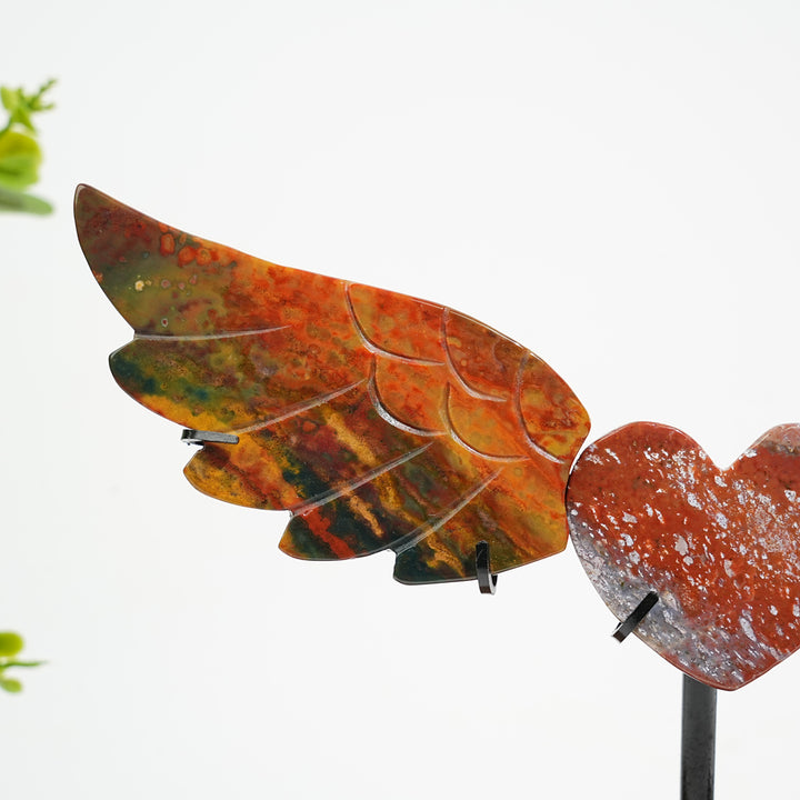 Unique,A Slightly Imperfect Natural Crystal Ocean Jasper Heart Butterfly Wings With Stand