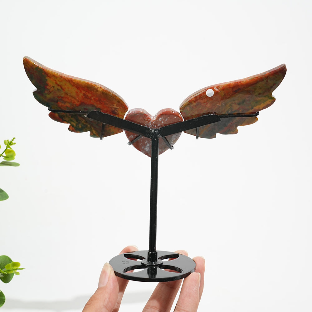 Unique,A Slightly Imperfect Natural Crystal Ocean Jasper Heart Butterfly Wings With Stand