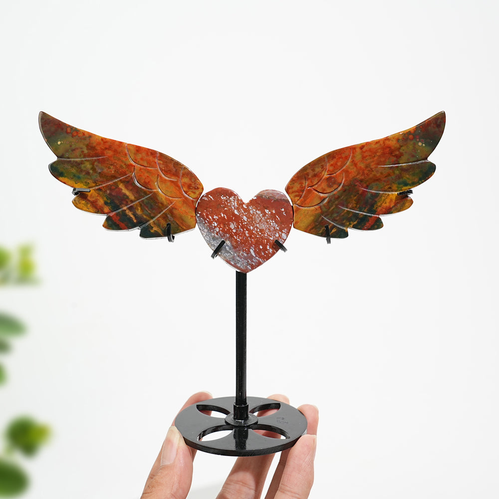 Unique,A Slightly Imperfect Natural Crystal Ocean Jasper Heart Butterfly Wings With Stand