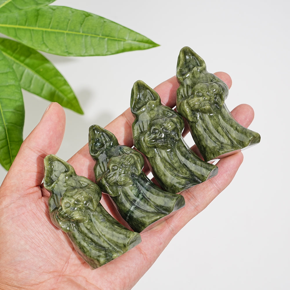 Natural Crystal Serpentine Ghost Reaper Holding Skull Carving