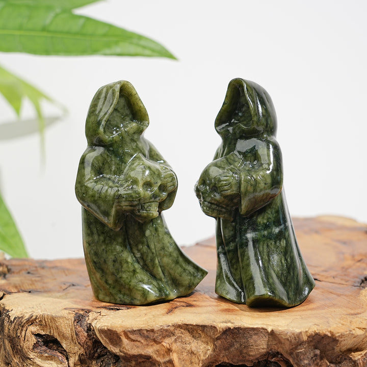 Natural Crystal Serpentine Ghost Reaper Holding Skull Carving