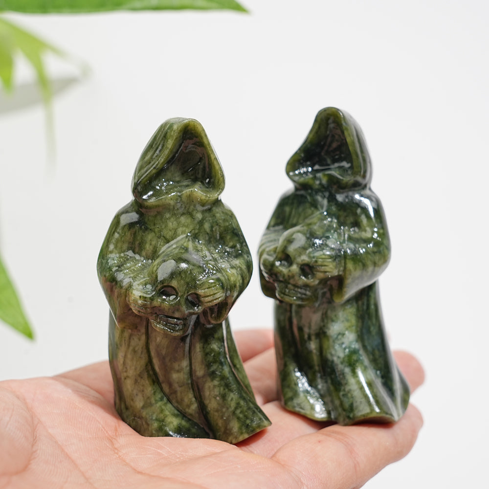 Natural Crystal Serpentine Ghost Reaper Holding Skull Carving