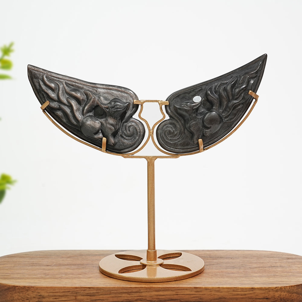 A Slightly Imperfect Natural Silver Obsidian Nine‑Tailed Fox Wings With Stand
