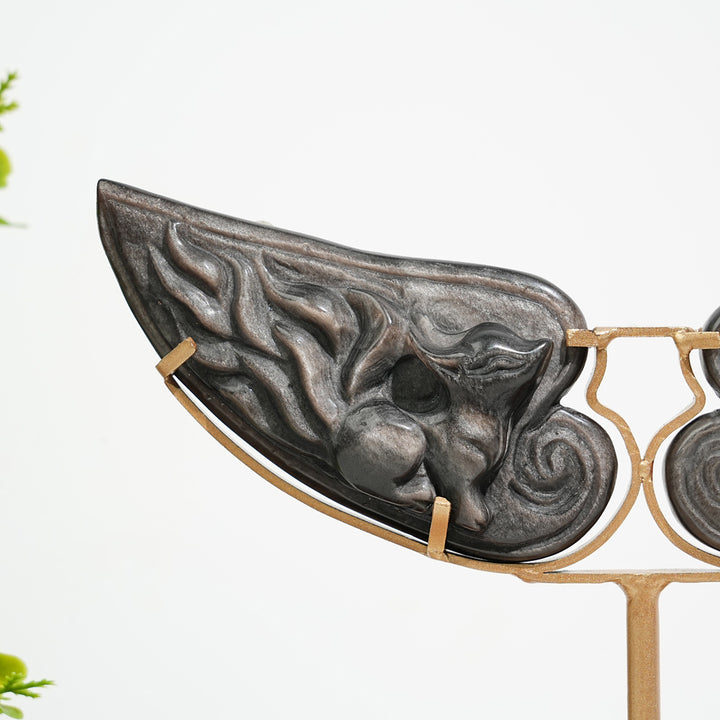 A Slightly Imperfect Natural Silver Obsidian Nine‑Tailed Fox Wings With Stand